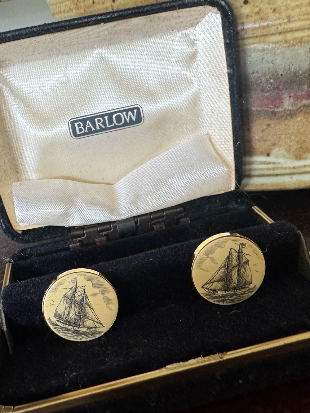Vintage Barlow nautical scrimshaw style cufflinks